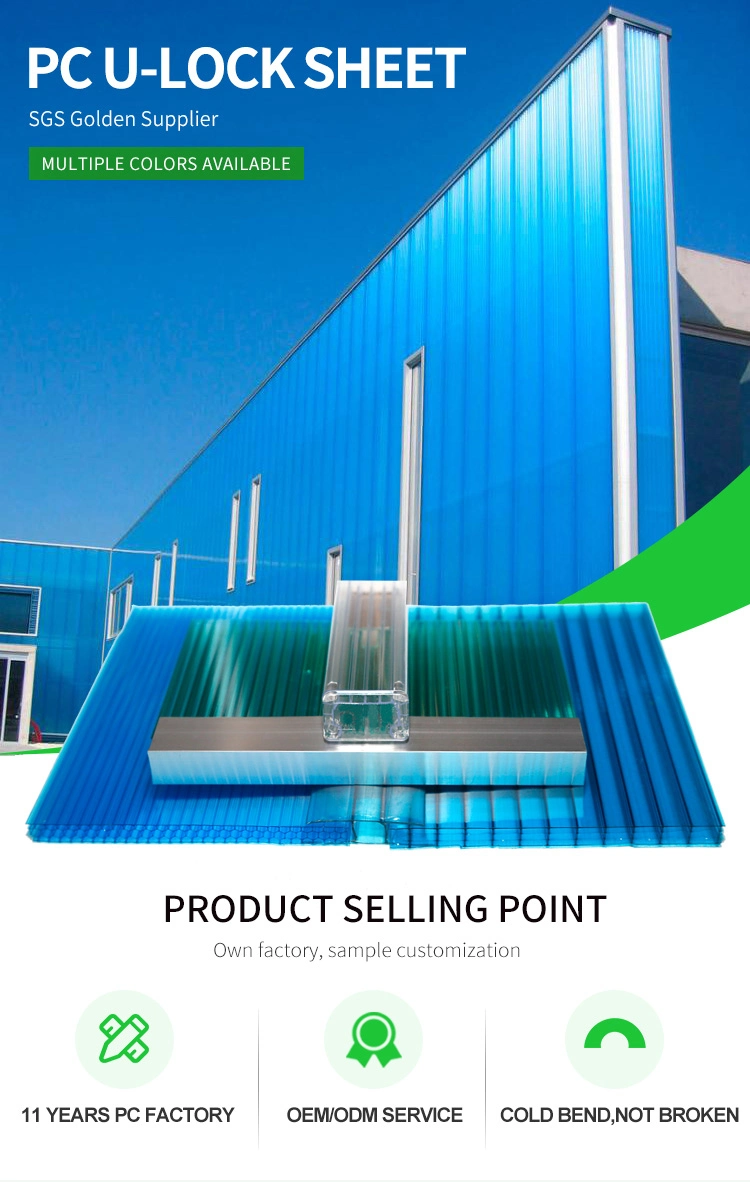 U-Lock Polycarbonate Sheet with Clips 16mm-30mm Plastics Roofing